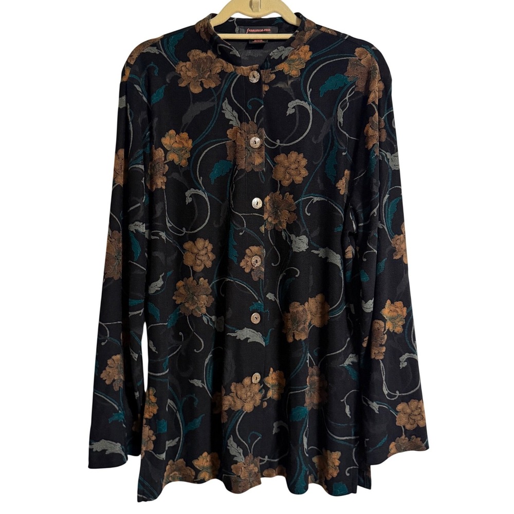 Francesca Rose Womens XL Black Floral Button‎ Up Long Sleeve Blouse